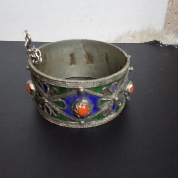 Vintage Asian Influence Enamel  Bracelet with Blue and Green Accents - Picture 1 of 8